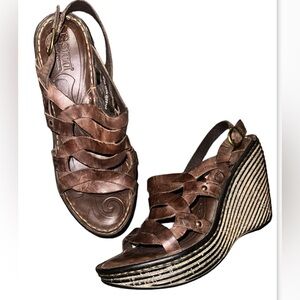 Born Genesis Leather High Heel Wedge Sandals Espresso Brown Women's Size 8